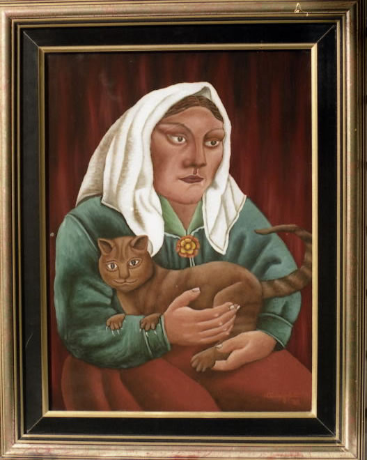 Žena sa mačkom - ulje na staklu - 40x30